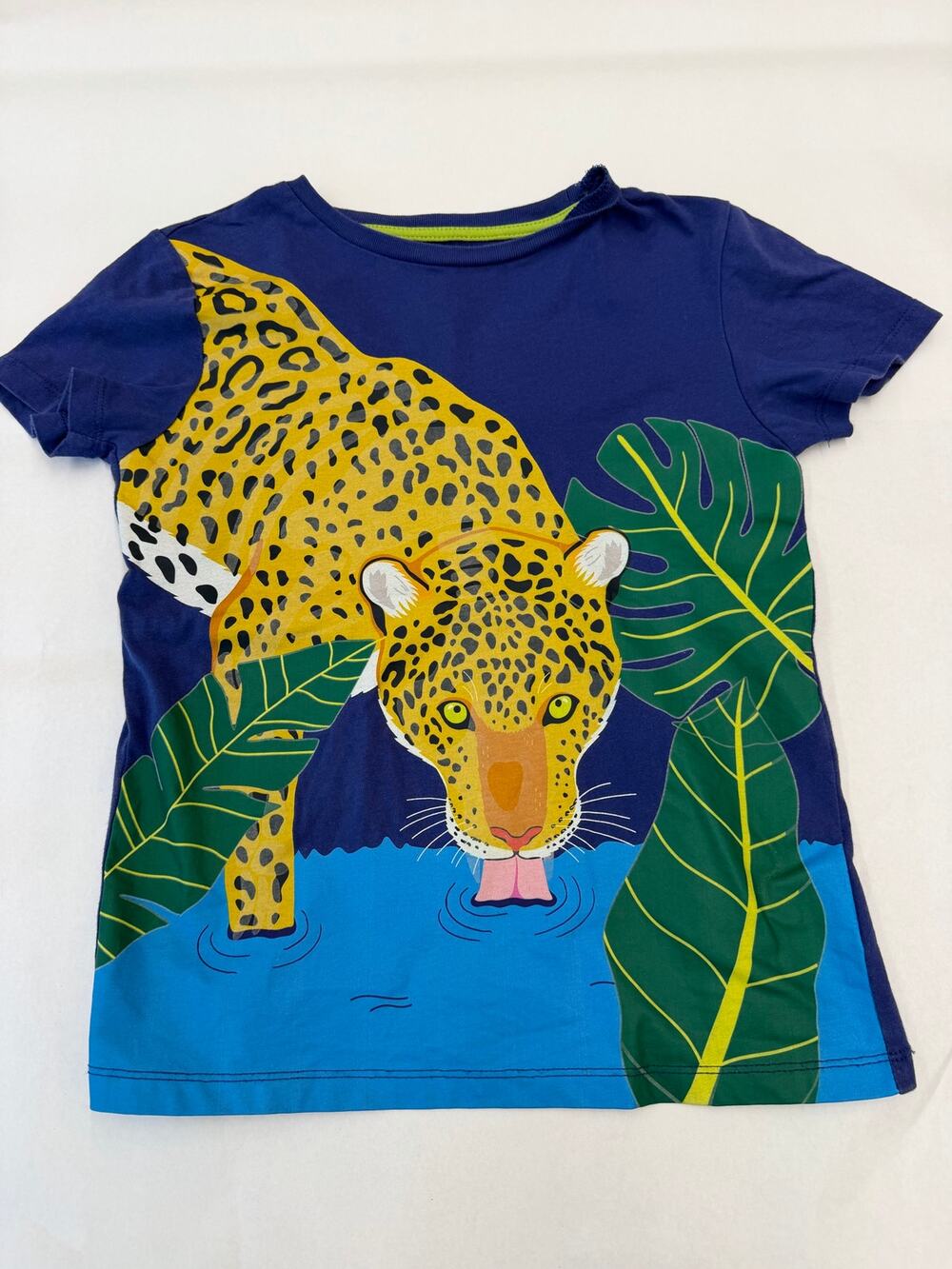 Mini Boden Boys Blue Leopard Drinking Jungle Graphic T-Shirt Tee Size 7-8Y
